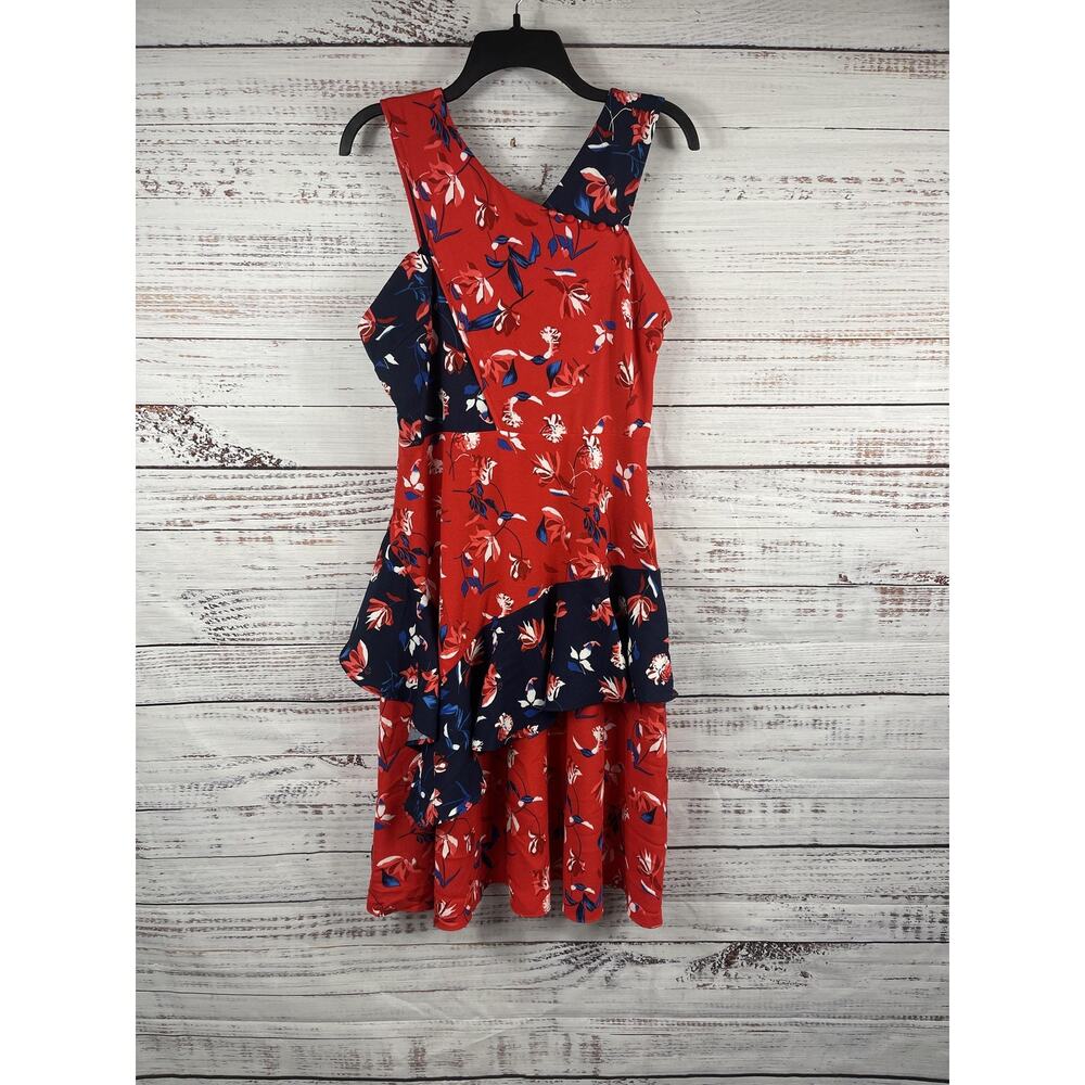 Madame Dress Women's Large Red Floral Asymmetrical Ruffle Fit Flare Midi Party